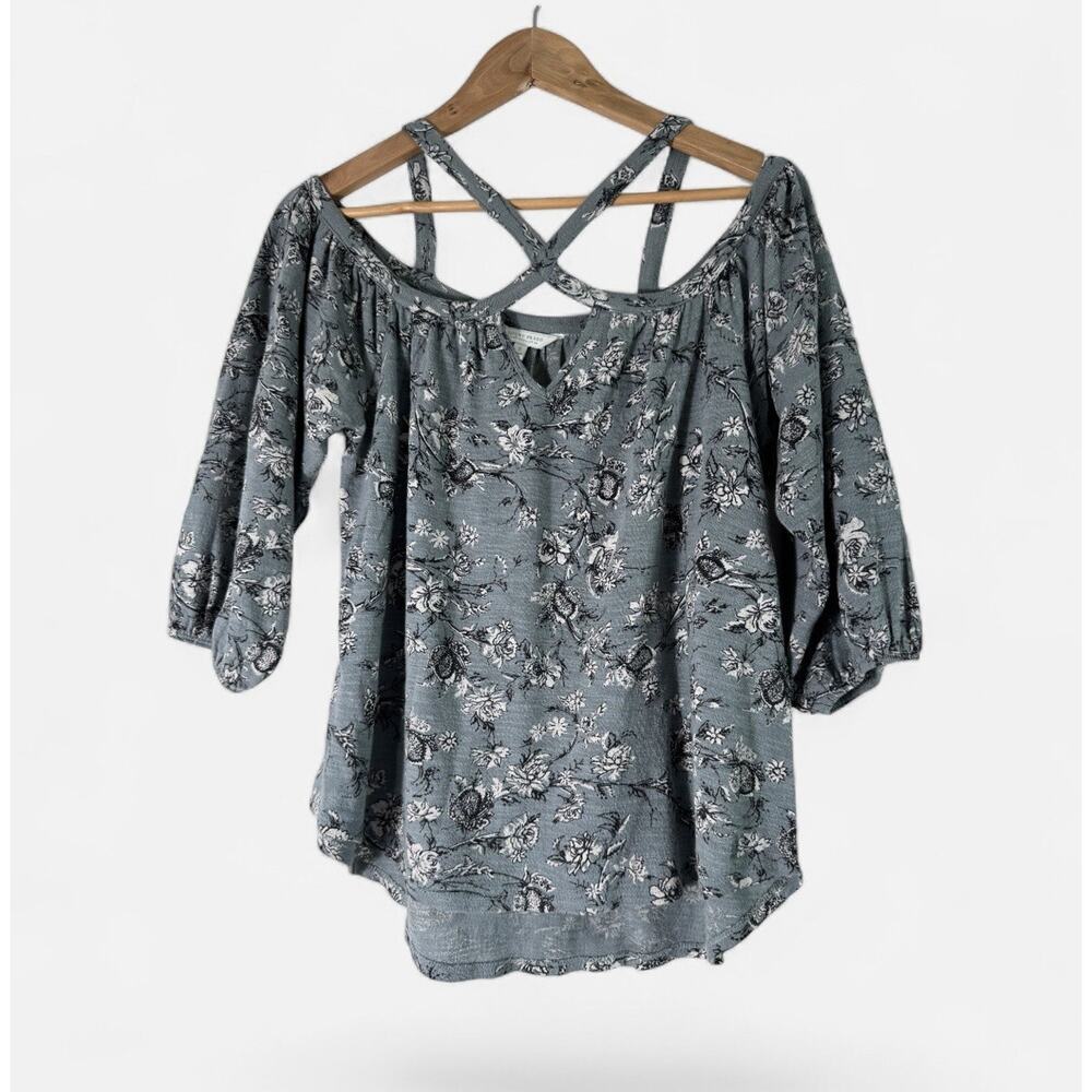 Lucky Brand Women's Floral Strappy Neck Detail Top Size S Casual 3/4 Sleeve
